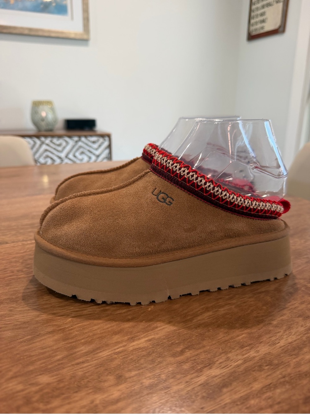 UGG Women’s Tazz 2 Chestnut Suede Platform Clog with Red Trim US5